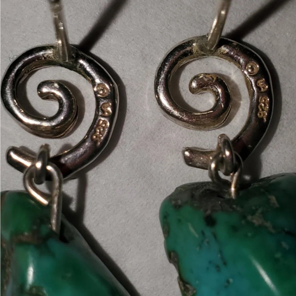 925 Sterling Silver Turquoise Nugget Dangle Earrings Southwest Boho Scroll (EUC)